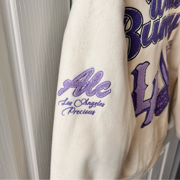 Alcott Women’s White Bunny Purple Patches Bomber Varsity Jacket Size Small Lined - Picture 11 of 12